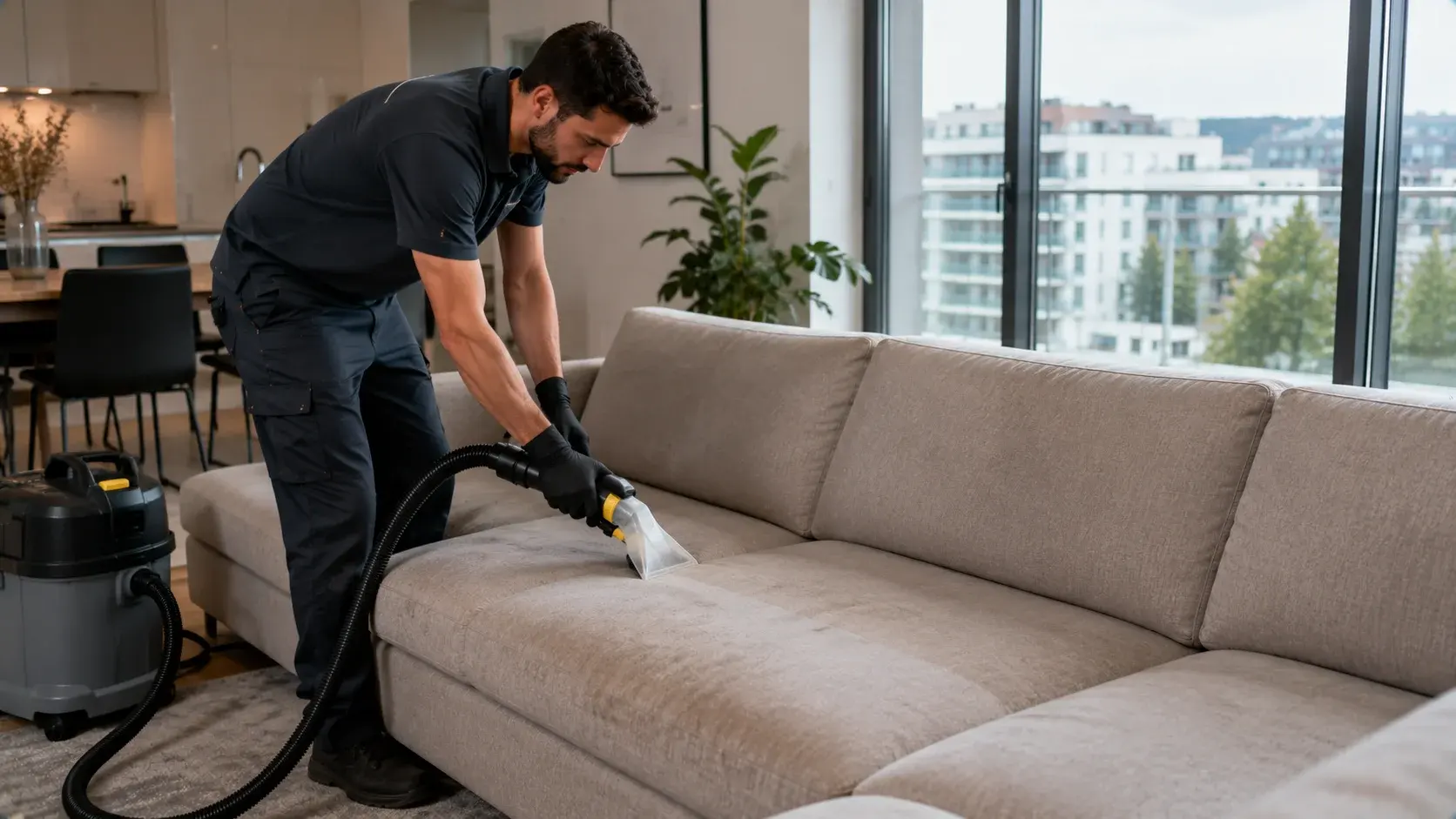 Professionelle Reinigung eines Mikrofaser-Sofas mit Sprühextraktion in einer Wohnung in Zürich