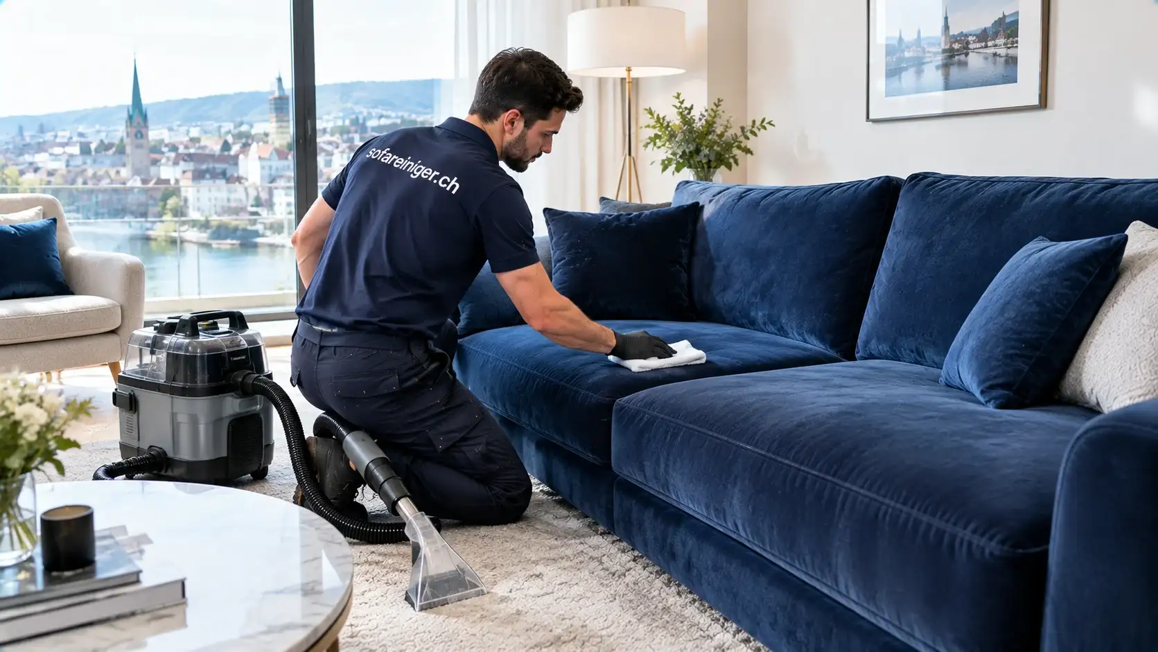 Professionelle Reinigung eines dunkelblauen Velours-Sofas in Zürich