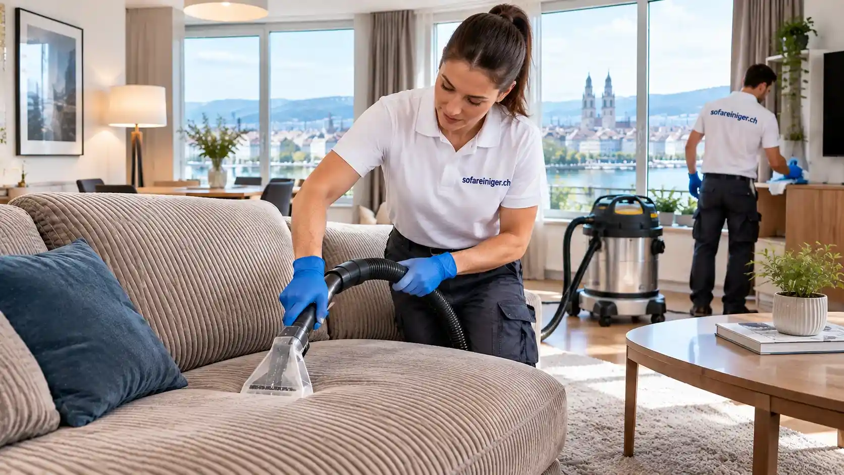 Professionelle Reinigung eines honigfarbenen Cordsofas mit Rippenstoff in Zürich